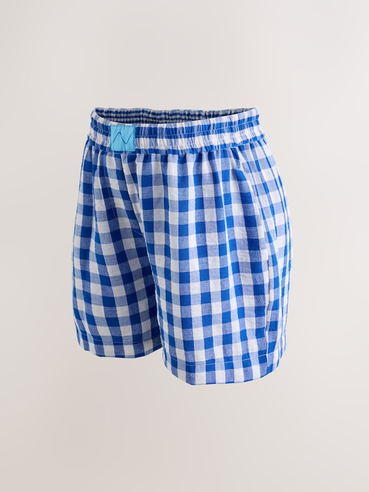 Blue Gingham Maternity Fold-Over Waistband Boxer Shorts with Linen - Image 2 of 4