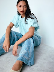 Blue Broderie Short Sleeve Crew Neck Top - Image 1 of 5