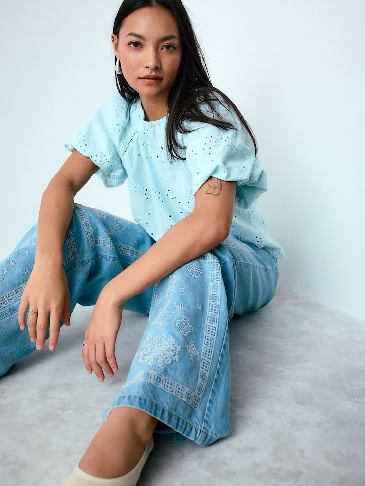 Blue Broderie Short Sleeve Crew Neck Top - Image 1 of 5 Blue Broderie Short Sleeve Crew Neck Top - Image 1 of 5