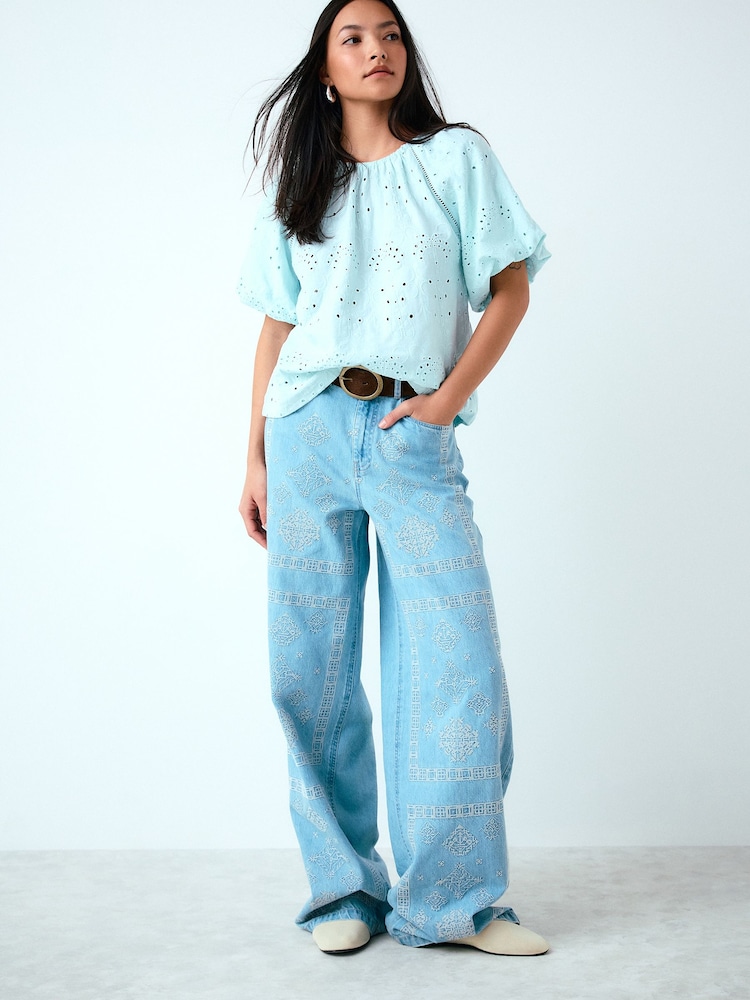 Blue Broderie Short Sleeve Crew Neck Top - Image 2 of 5 Blue Broderie Short Sleeve Crew Neck Top - Image 2 of 5