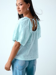 Blue Broderie Short Sleeve Crew Neck Top - Image 4 of 5