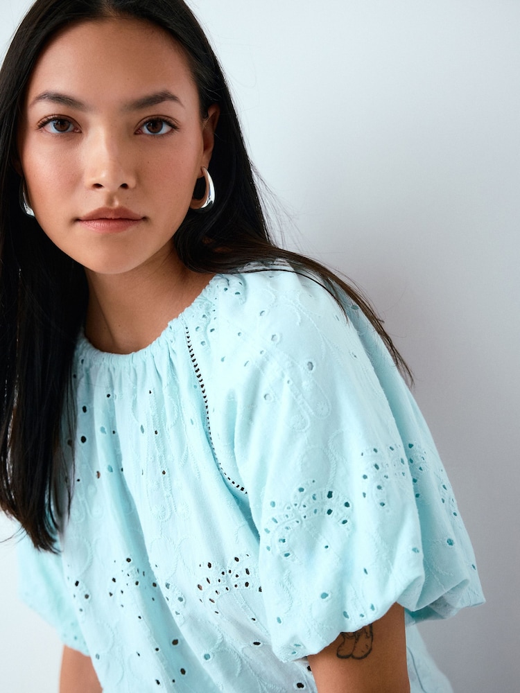 Blue Broderie Short Sleeve Crew Neck Top - Image 5 of 5 Blue Broderie Short Sleeve Crew Neck Top - Image 5 of 5