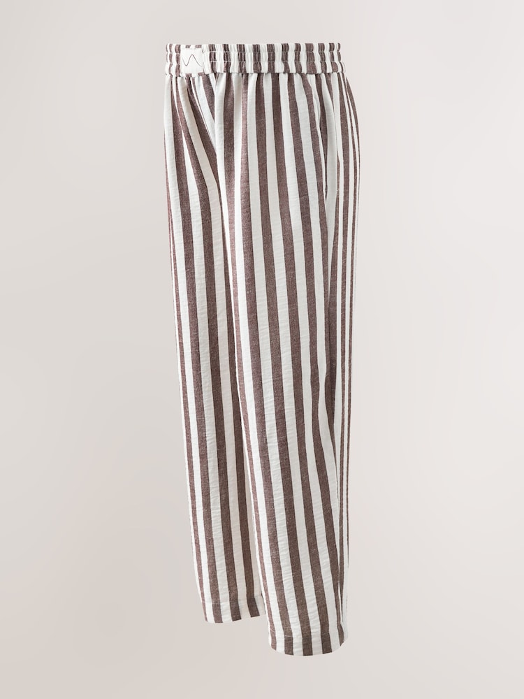 Brown Stripe Maternity Pull On Wide Leg Trousers with Linen - Image 1 of 4 Brown Stripe Maternity Pull On Wide Leg Trousers with Linen - Image 1 of 4