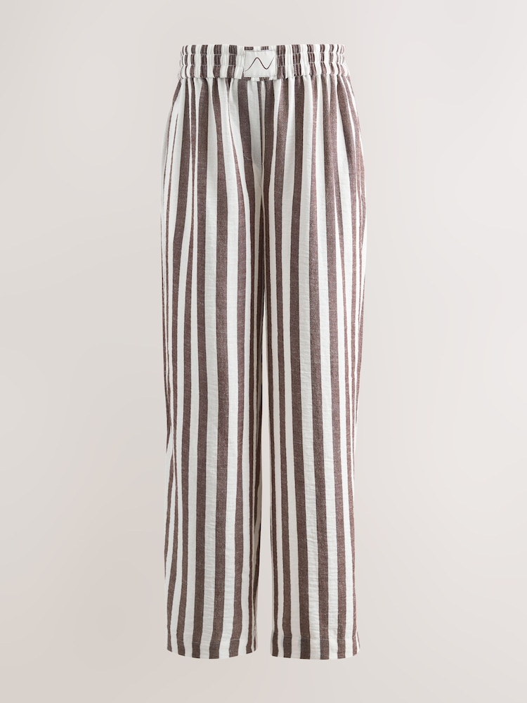 Brown Stripe Maternity Pull On Wide Leg Trousers with Linen - Image 2 of 4 Brown Stripe Maternity Pull On Wide Leg Trousers with Linen - Image 2 of 4