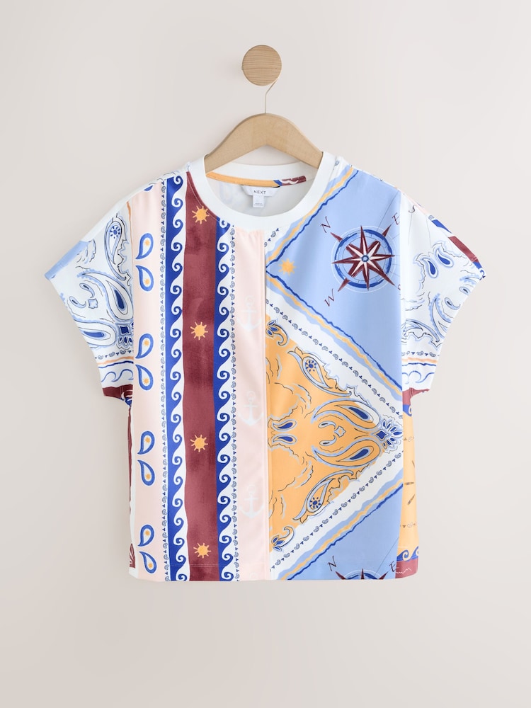 ألوان متعددة طباعة - بلوزة بكُم قصير وياقة بحافة مستديرة وفتحة رقبة - صورة 1 من 4