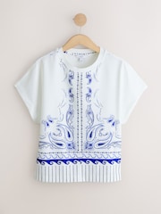 Ecru/Blue Wave Print - ছোট হাতা কীহোল ক্রু নেক টপ - 3এর মধ্যে 1 ছবি