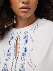 Ecru/Blue Wave Print Short Sleeve Keyhole Crew Neck Top - Image 4 of 8