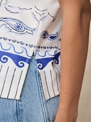 Ecru/Blue Wave Print Short Sleeve Keyhole Crew Neck Top - Image 5 of 8