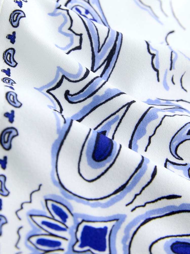 Ecru/Blue Wave Print Short Sleeve Keyhole Crew Neck Top - Image 8 of 8