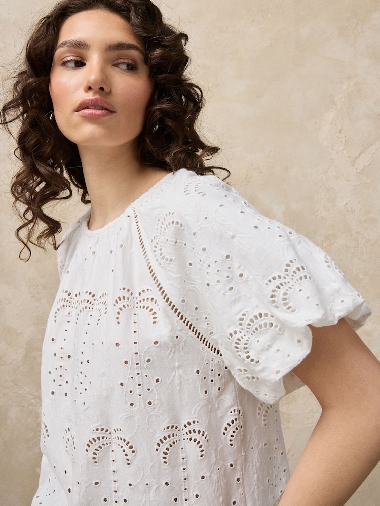 White Broderie Short Sleeve Crew Neck Top - Image 1 of 7 White Broderie Short Sleeve Crew Neck Top - Image 1 of 7
