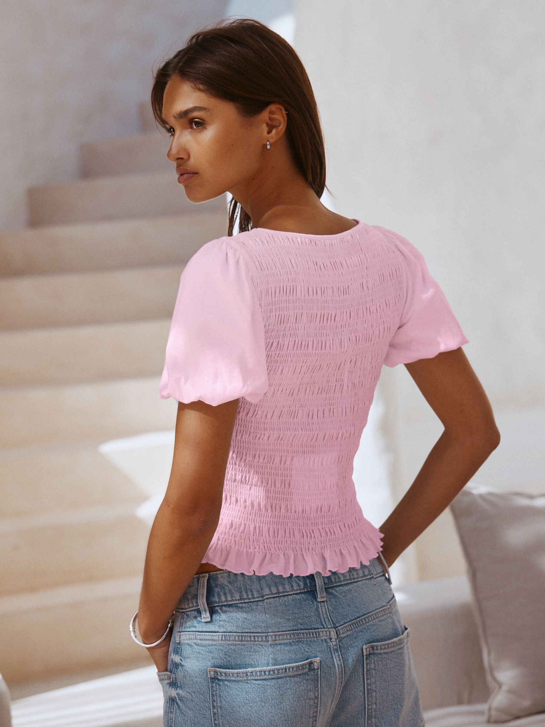 Buy Pink Shirred Short Sleeve Crew Neck Top from Next USA