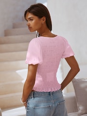 Pink Shirred Short Sleeve Crew Neck Top - Image 3 of 7