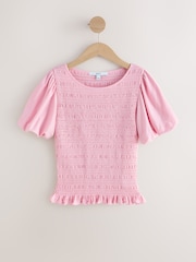 Pink Shirred Short Sleeve Crew Neck Top - Image 5 of 7