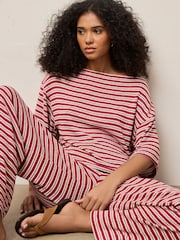 Red/Ecru Stripe Knit Look Asymmetric Short Sleeve Top - Image 1 of 7