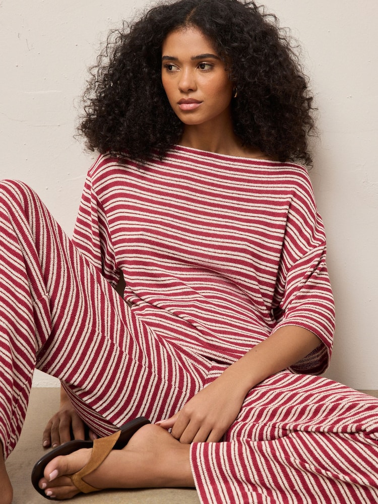 Red/Ecru Stripe Knit Look Asymmetric Short Sleeve Top - Image 1 of 7