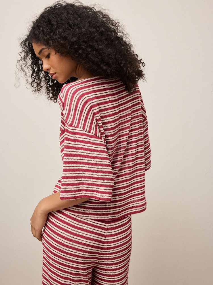 Red/Ecru Stripe Knit Look Asymmetric Short Sleeve Top - Image 2 of 7