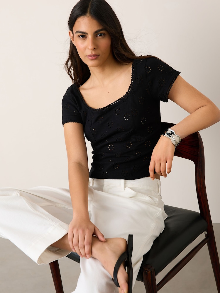 Black Broderie Square Neck Cap Sleeve Top - Image 1 of 4