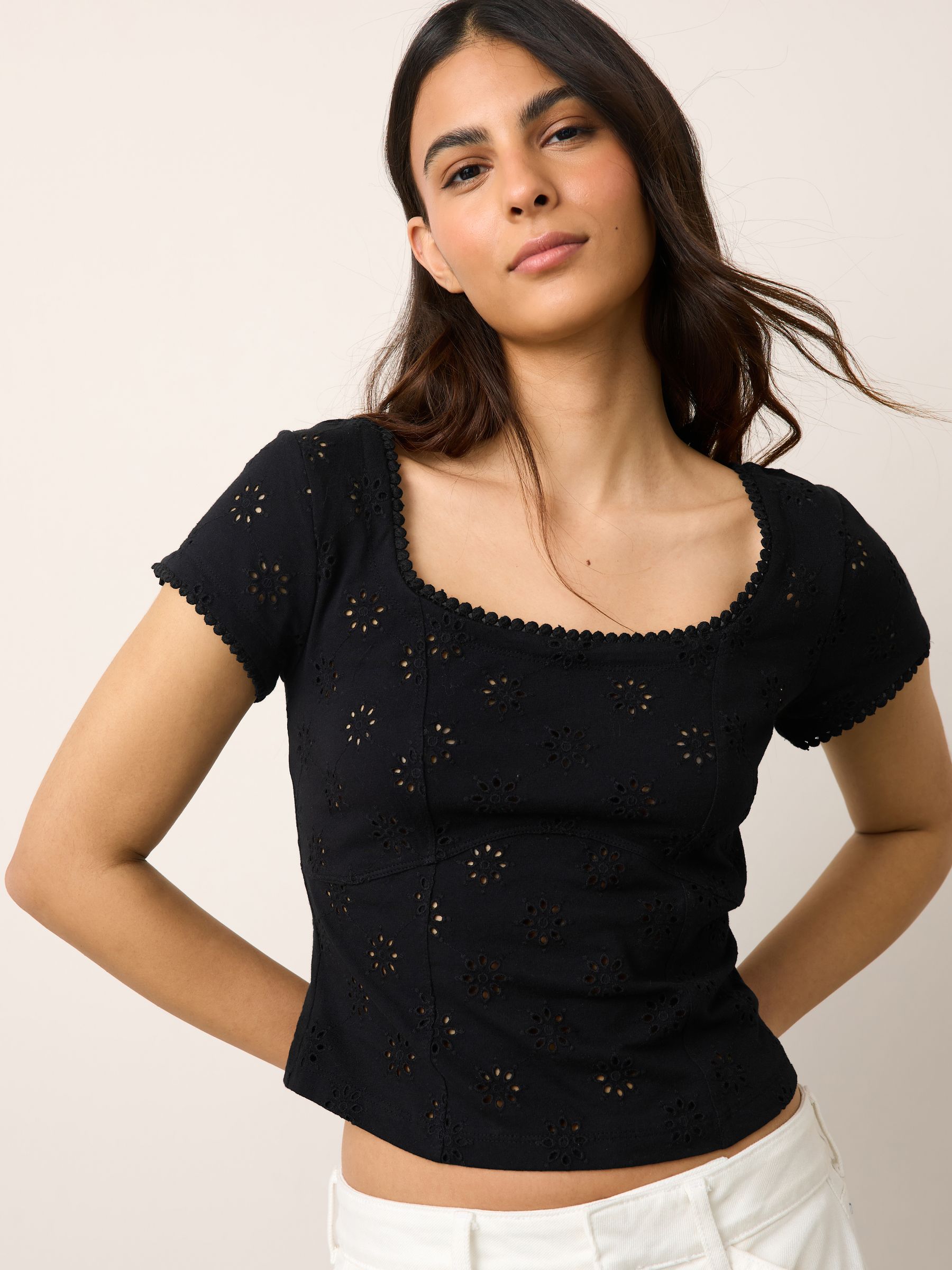 Buy Black Broderie Square Neck Cap Sleeve Top from Next Romania