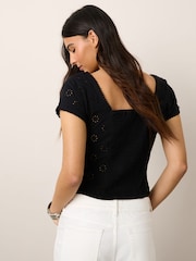 Black Broderie Square Neck Cap Sleeve Top - Image 2 of 4
