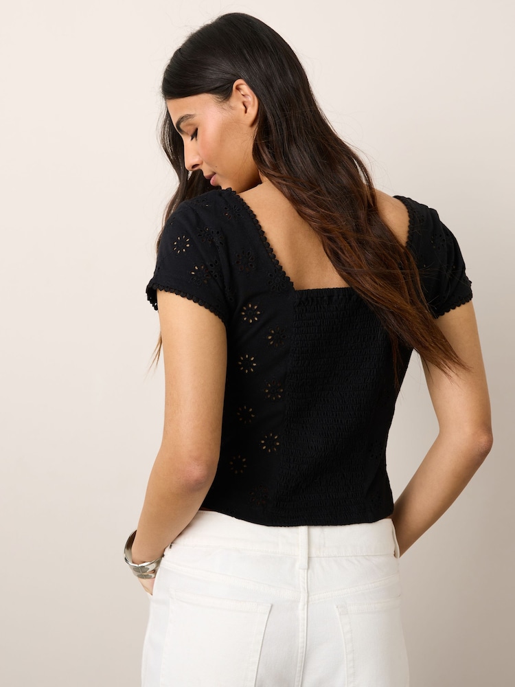 Black Broderie Square Neck Cap Sleeve Top - Image 2 of 4