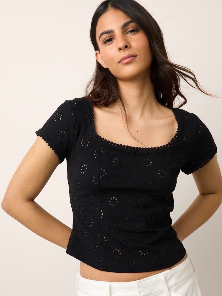 Black Broderie Square Neck Cap Sleeve Top - Image 4 of 4