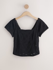 Black Broderie Square Neck Cap Sleeve Top - Image 5 of 7