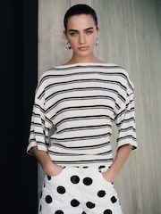 Ecru/Black Stripe Knit Look Asymmetric Short Sleeve Top - Image 1 of 7