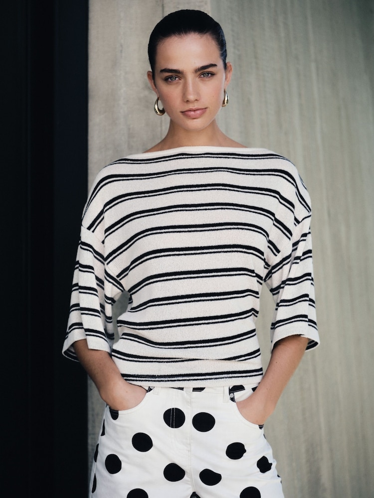 Ecru/Black Stripe Knit Look Asymmetric Short Sleeve Top - Image 1 of 7