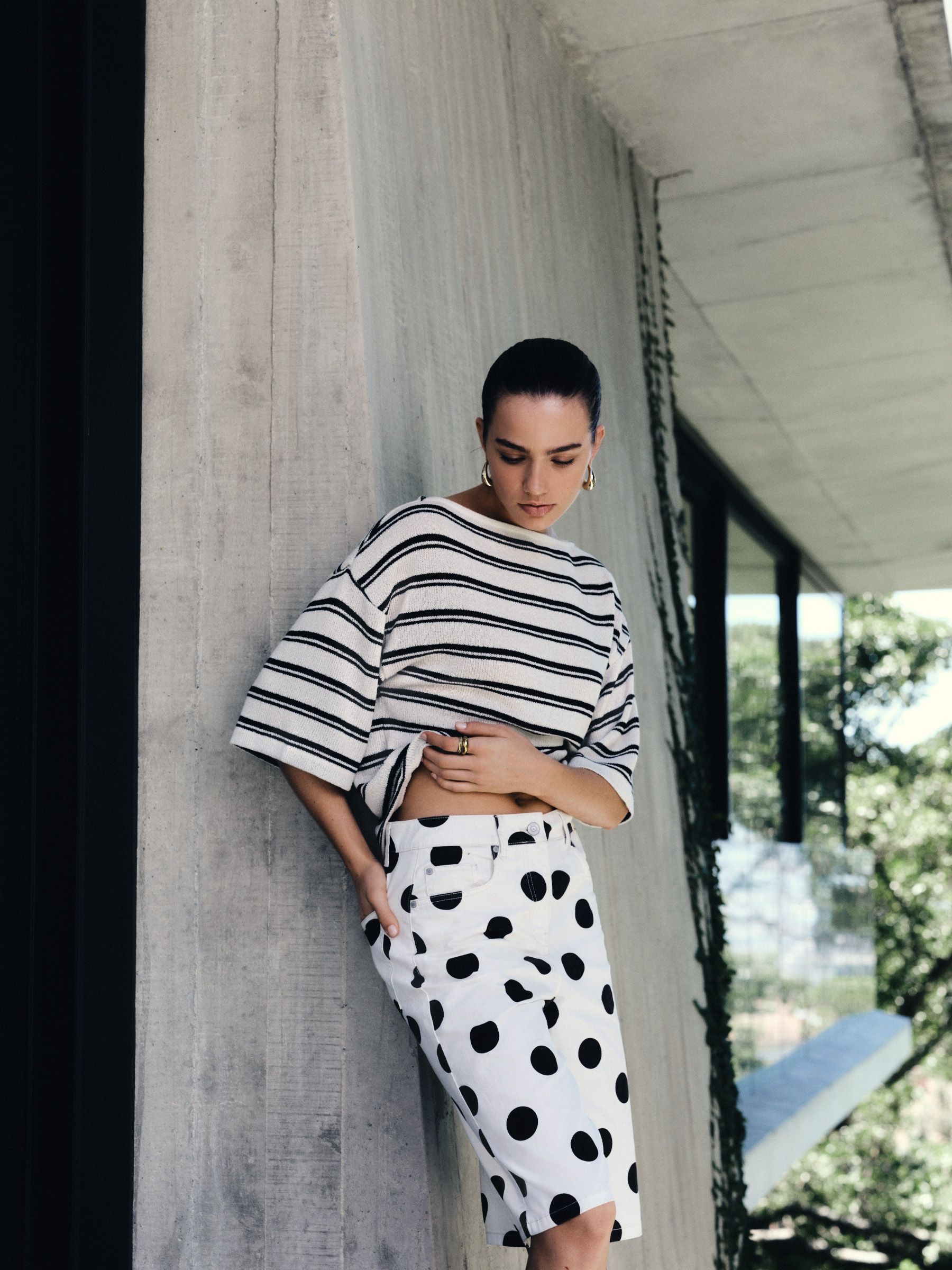 Buy Ecru/Black Stripe Knit Look Asymmetric Short Sleeve Top from