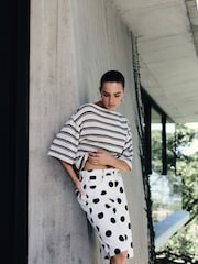 Ecru/Black Stripe Knit Look Asymmetric Short Sleeve Top - Image 2 of 7