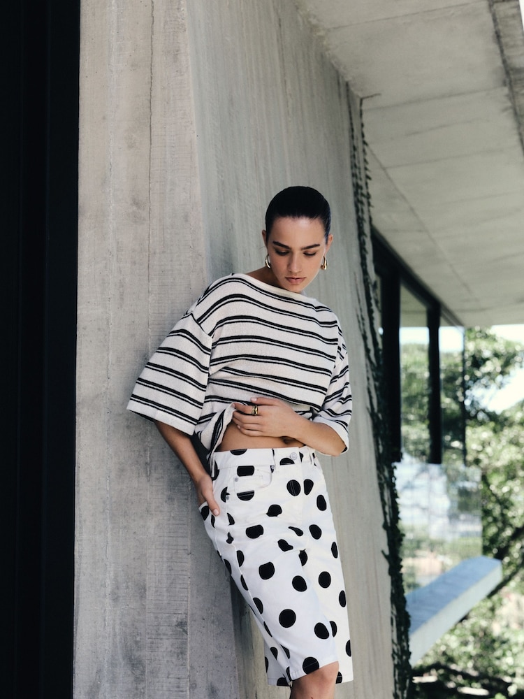 Ecru/Black Stripe Knit Look Asymmetric Short Sleeve Top - Image 2 of 7