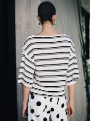 Ecru/Black Stripe Knit Look Asymmetric Short Sleeve Top - Image 3 of 7
