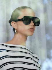 Ecru/Black Stripe Knit Look Asymmetric Short Sleeve Top - Image 4 of 7