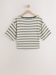 Ecru/Black Stripe Knit Look Asymmetric Short Sleeve Top - Image 5 of 7