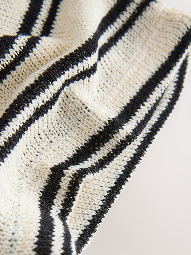 Ecru/Black Stripe Knit Look Asymmetric Short Sleeve Top - Image 7 of 7