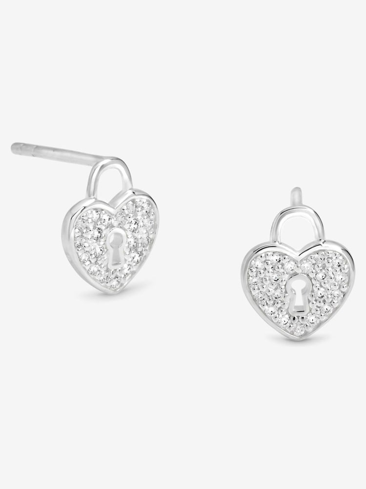 Simply Silver 925 Sterling Silver Pave Padlock Heart Stud Earrings - Image 1 of 1 Simply Silver 925 Sterling Silver Pave Padlock Heart Stud Earrings - Image 1 of 1