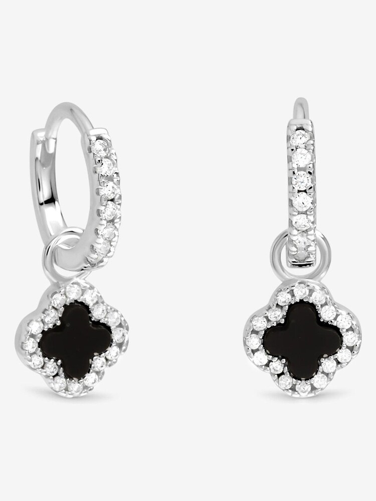 Simply Silver 925 Sterling Silver Pave and Jet Clover Charm Huggie Hoop Earrings - Image 1 of 2 Simply Silver 925 Sterling Silver Pave and Jet Clover Charm Huggie Hoop Earrings - Image 1 of 2