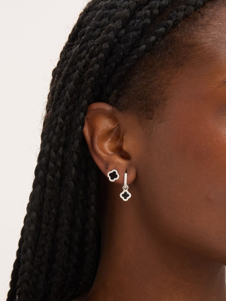Simply Silver 925 Sterling Silver Pave and Jet Clover Charm Huggie Hoop Earrings - Image 2 of 2 Simply Silver 925 Sterling Silver Pave and Jet Clover Charm Huggie Hoop Earrings - Image 2 of 2