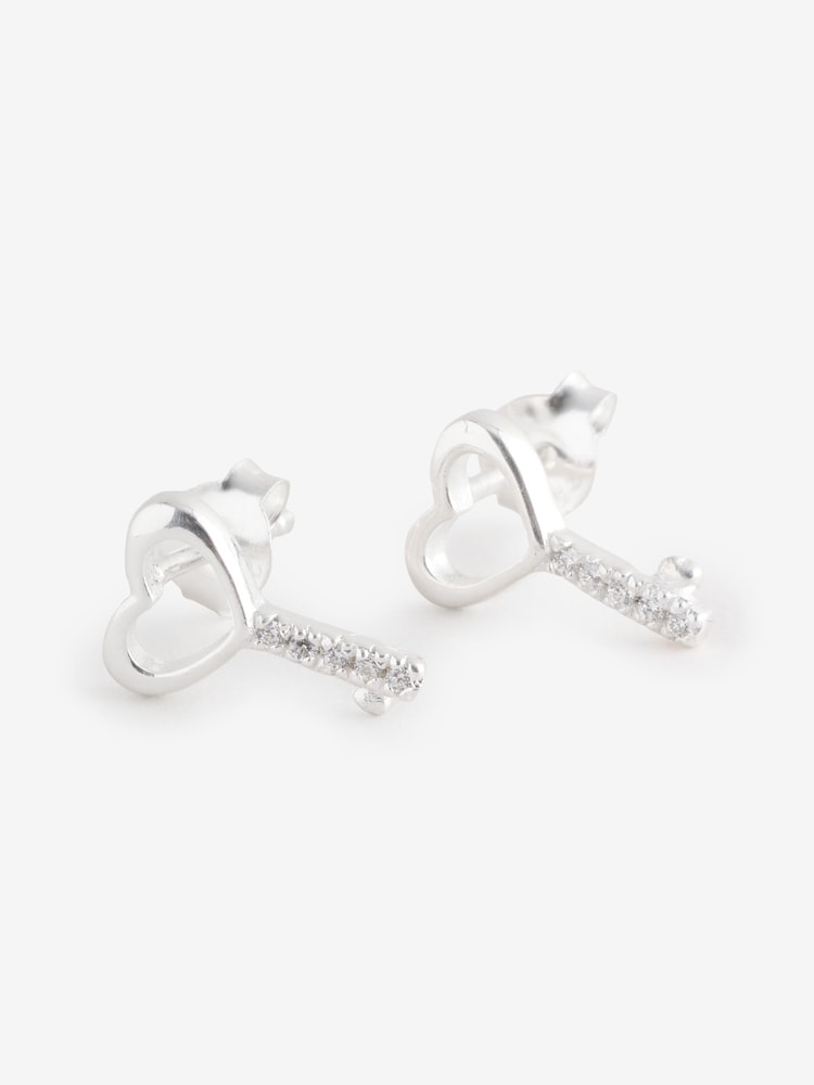 Simply Silver Sterling Silver 925 Polished Heart Key Stud Earrings - Image 1 of 1 Simply Silver Sterling Silver 925 Polished Heart Key Stud Earrings - Image 1 of 1