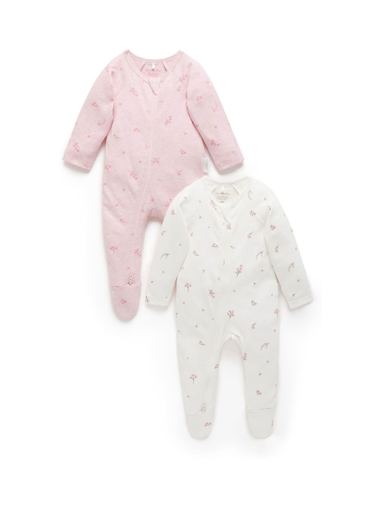 Purebaby Pale Pink Blossom Zip Baby Sleepsuits 2 Pack - Image 1 of 5