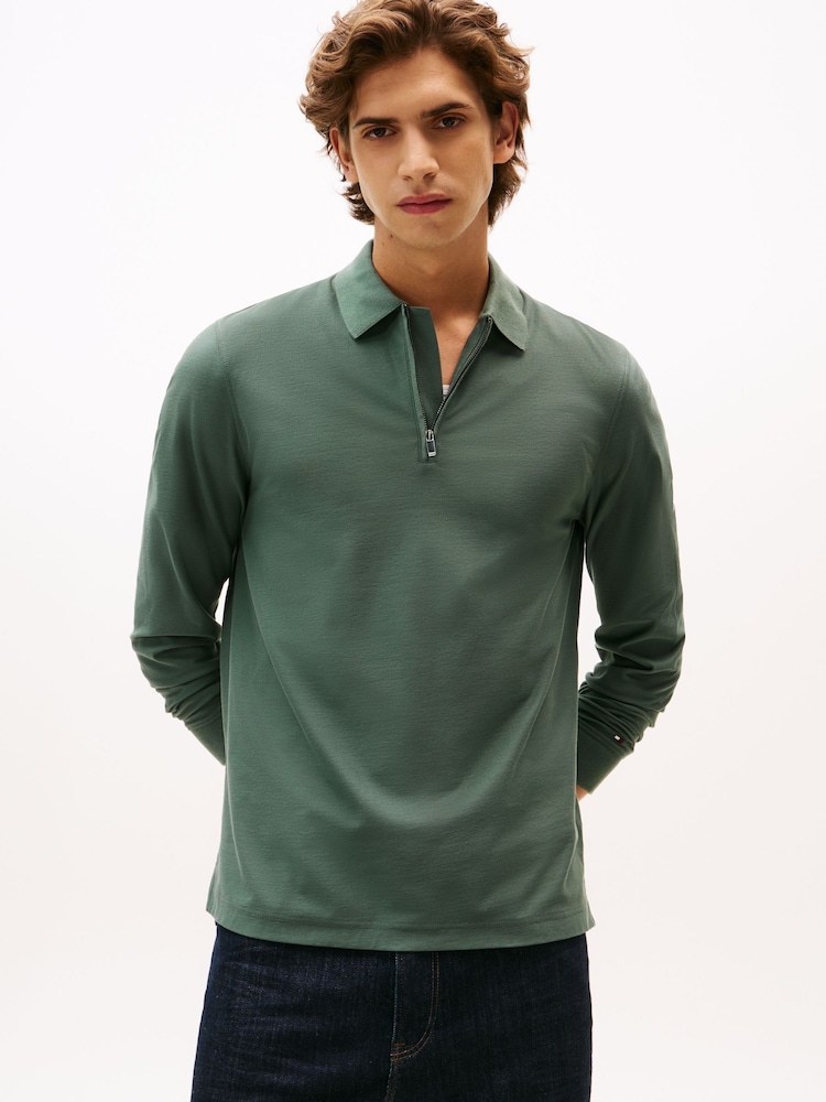 Tommy Hilfiger Green Regular Fit Long Sleeve Polo Shirt - Image 1 of 5 Tommy Hilfiger Green Regular Fit Long Sleeve Polo Shirt - Image 1 of 5