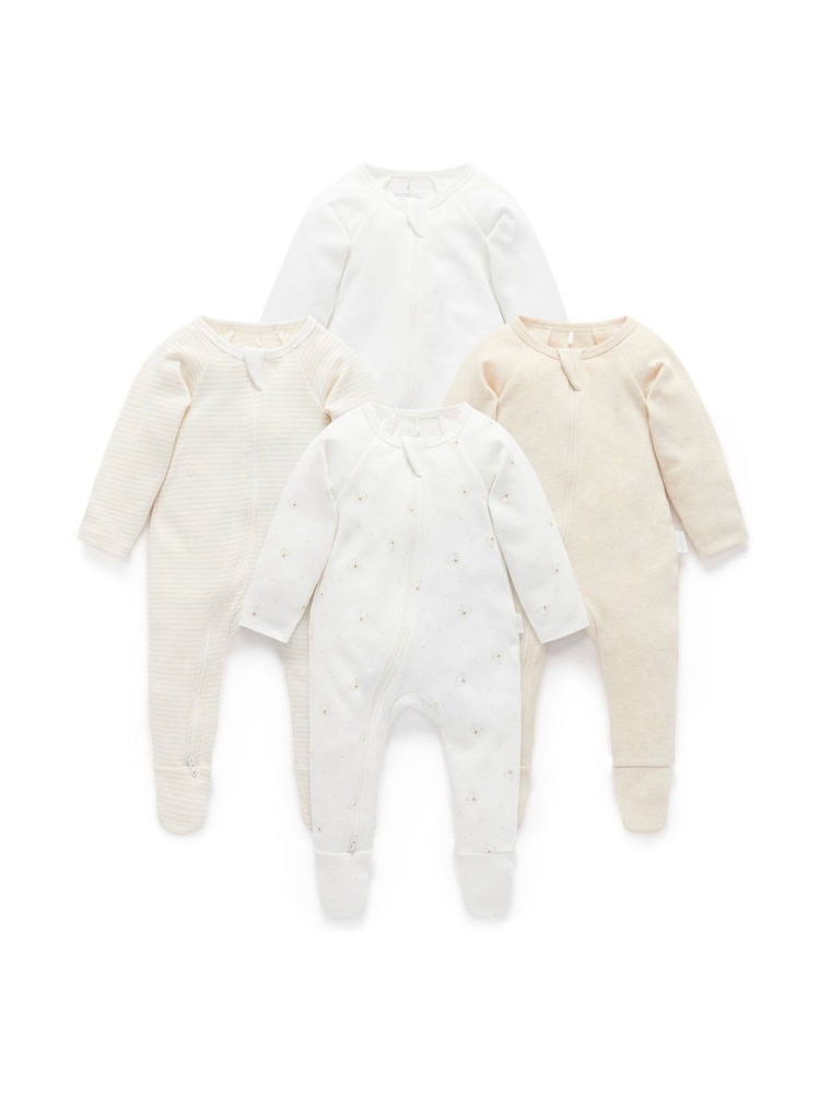 Purebaby Vanilla Bear Zip Sleepsuits 4 Pack - Image 1 of 6