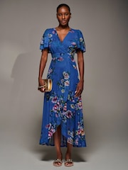 Jolie Moi Blue Angel Sleeve Mesh Frill Wrap Maxi Dress - Image 1 of 6