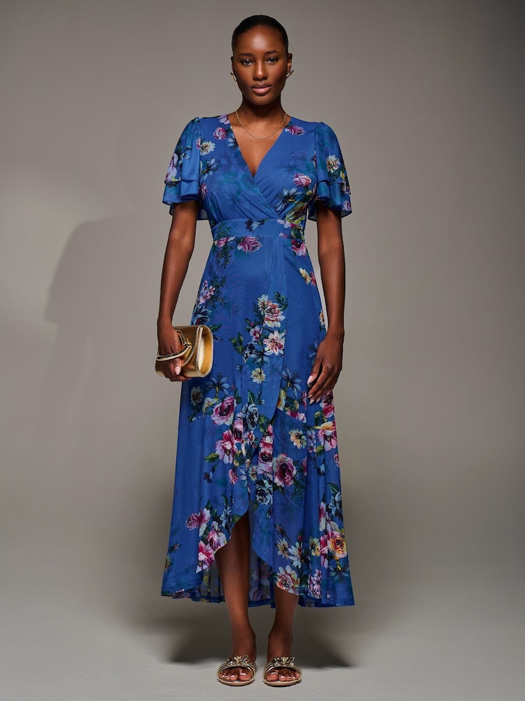 Jolie Moi Blue Angel Sleeve Mesh Frill Wrap Maxi Dress - Image 1 of 6