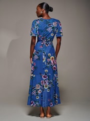 Jolie Moi Blue Angel Sleeve Mesh Frill Wrap Maxi Dress - Image 2 of 6