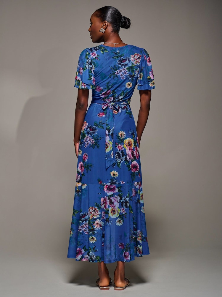 Jolie Moi Blue Angel Sleeve Mesh Frill Wrap Maxi Dress - Image 2 of 6