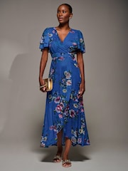 Jolie Moi Blue Angel Sleeve Mesh Frill Wrap Maxi Dress - Image 4 of 6