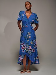Jolie Moi Blue Angel Sleeve Mesh Frill Wrap Maxi Dress - Image 5 of 6