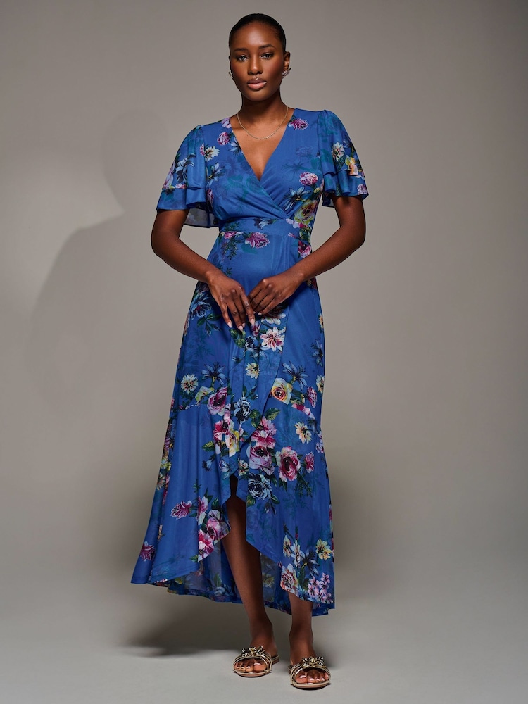 Jolie Moi Blue Angel Sleeve Mesh Frill Wrap Maxi Dress - Image 6 of 6