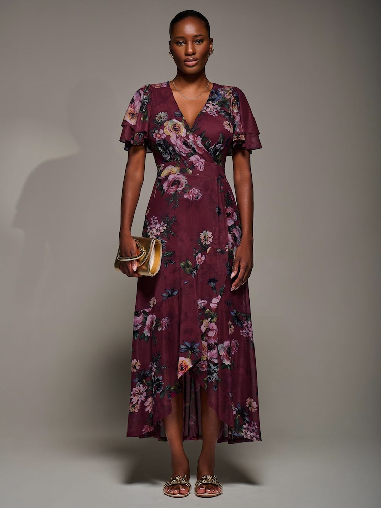 Jolie Moi Red Angel Sleeve Mesh Frill Wrap Maxi Dress - Image 1 of 6 Jolie Moi Red Angel Sleeve Mesh Frill Wrap Maxi Dress - Image 1 of 6